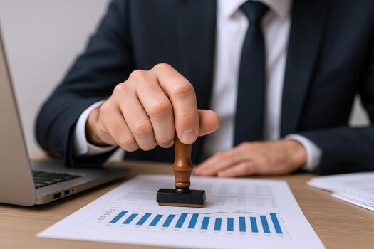 Business Approval Close-up of Hand Stamping Document with Graph, Depicting Success and Authorization photo