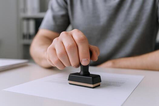 Mans hand stamping official documents, symbolizing authority, approval, and authentication in business operations photo