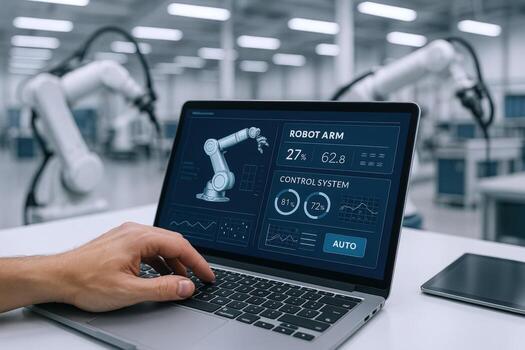 Automated Manufacturing Control System Monitoring Robot Arm Performance with Advanced Technology Interface for Efficient Production photo