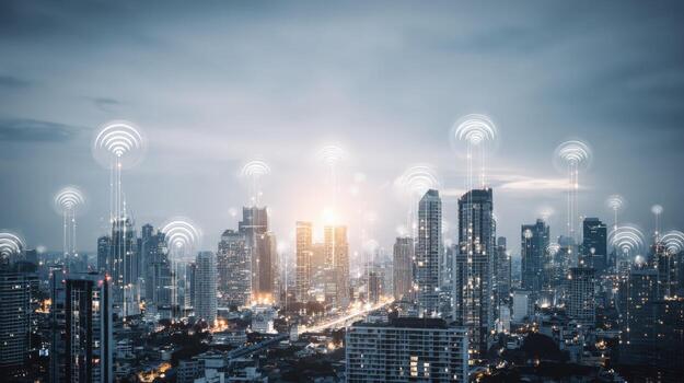 Modern Cityscape with Wireless Communication Network Connectivity and Technology in Urban Environment photo