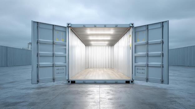 Open Empty Shipping Container on Concrete Surface Under Blue Sky, Transportation and Logistics Concept photo