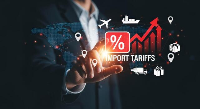 Import Tariffs Concept Businessman Points at Digital Display of Rising Taxes on Global Trade photo