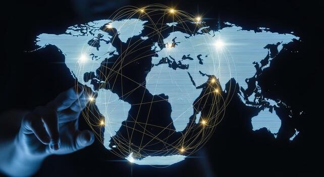Global Network Concept Person Touching World Map with Glowing Connections for International Business photo
