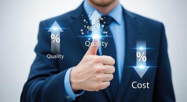 Business professional gesture symbolizing quality improvement and cost reduction, aiming for efficiency and optimization in process photo
