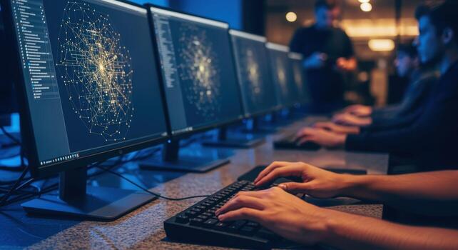 Network Security Monitoring with Professional Engineers Reviewing Data Displayed on Multiple Computer Screens photo