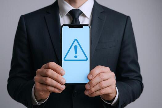 Business Professional Displaying Smartphone with Alert Icon on Screen, Security Warning Concept photo