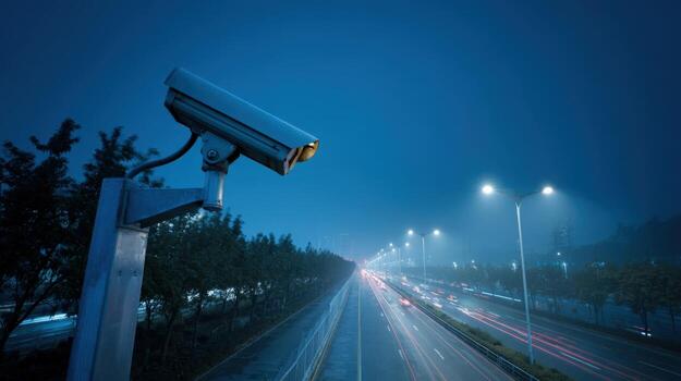 Surveillance Camera on Highway at Night, Emphasizing Safety and Security in Modern Transportation Infrastructure photo