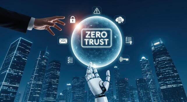 Zero Trust Security System Protecting Digital Assets with Advanced Technology and Cybersecurity Solutions in a Modern City photo