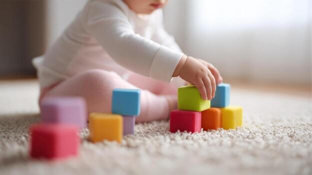 Baby playing with colorful building blocks on a soft carpet, early childhood development and learning photo