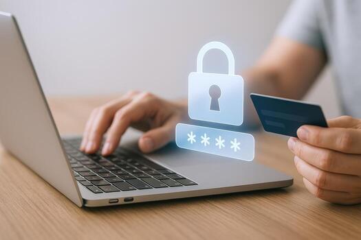 Online Payment Security Person Using Laptop with Padlock and Credit Card for Secure Transactions photo