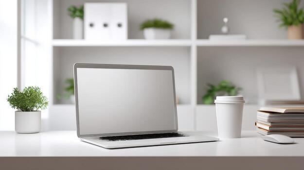 Modern Workspace with Laptop, Coffee, and Books - Clean, Bright, and Organized Office Setup photo