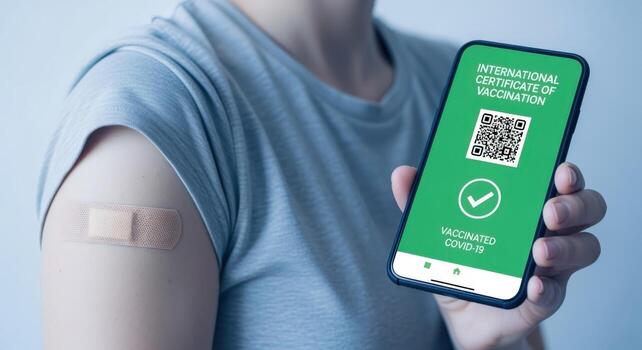 digital vacunación certificado desplegado en teléfono inteligente después covid-19 inmunización, demostrando cuidado de la salud y prevención foto