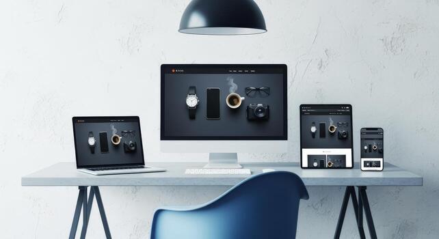 Modern Workspace Mockup Featuring a Computer, Laptop, Tablet, and Smartphone on a Sleek Desk photo