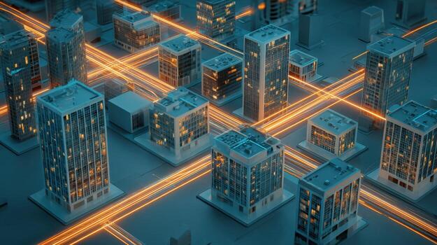 Aerial View of a Modern Cityscape with Illuminated Buildings and Interconnected Networks for Business and Technology photo