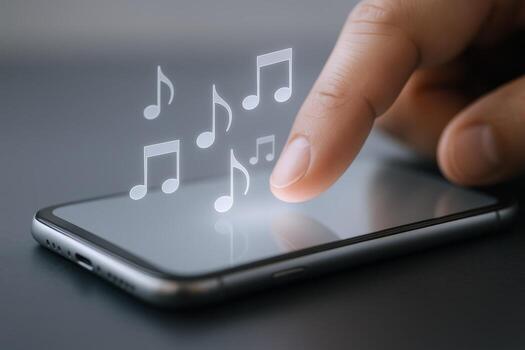 Mobile Music Streaming Finger Tapping Phone with Floating Music Notes for Entertainment and Technology Concept photo
