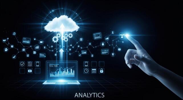 Cloud Computing Analytics Technology with Hand Pointing, Artificial Intelligence, Machine Learning Data Processing, Visualization photo