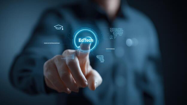 tecnología educativa innovación hombre interactuando con digital educación interfaz, abrazando moderno aprendizaje soluciones y tecnologías foto