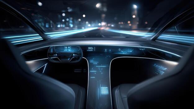Futuristic Autonomous Vehicle Interior with Advanced Technology and Night Cityscape, Displaying Speed and Innovation photo