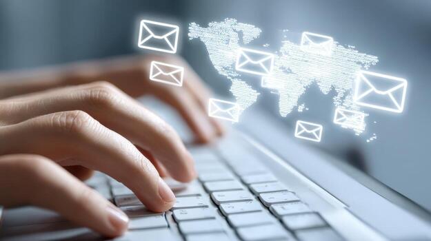 Hands Typing on Laptop with Email Icons Displaying Global Communication and Digital Connection photo