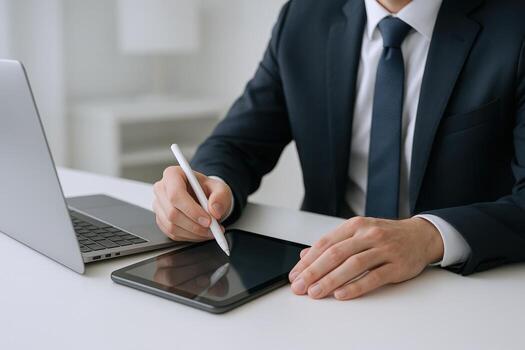 Businessman Working on Tablet with Stylus Pen in Office Setting, Demonstrating Technology and Professionalism photo