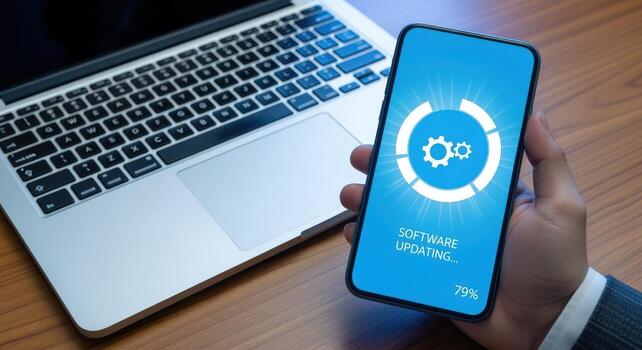 Software Update on Mobile Phone with Laptop Computer, Technology Concept with Blue Screen photo