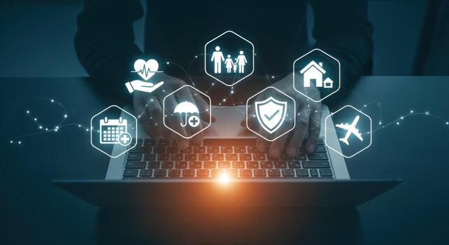 digital seguro soluciones hombre mecanografía en ordenador portátil con cubrir gráficos representando cobertura opciones y financiero seguridad foto