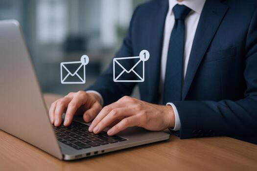 Business Professional Checking Email Inbox on Laptop with Email Notification Icons Signifying Communication photo