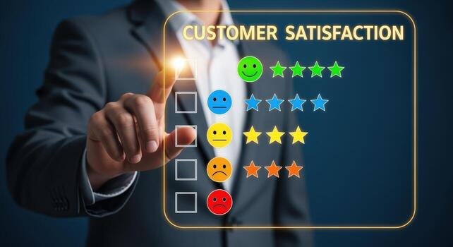 Customer Satisfaction Survey Interface Businessman Selecting Feedback Option for Service Quality Evaluation and Positive Customer Experience photo