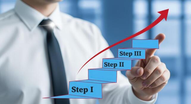 Growth Strategy Concept Businessman Points to Rising Arrow on Steps, Representing Advancement and Success photo