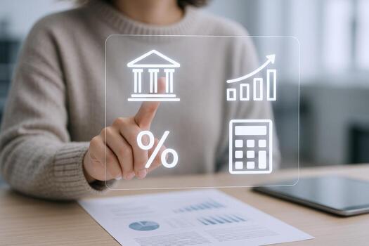 Woman Interacting with Financial Technology Interface Displaying Banking, Growth, Percentage, and Calculator Icons photo