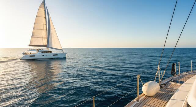 Sailing Yacht on Open Water A Luxurious Catamaran Cruise Across the Blue Ocean Under Clear Skies photo