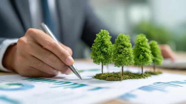 Sustainable Business Growth Man Analyzing Charts with Miniature Trees Representing Eco-Friendly Investment Strategies photo