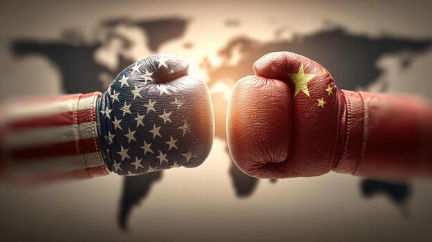 US and China Rivalry Conceptual Image Boxing Gloves Facing Each Other Against World Map photo