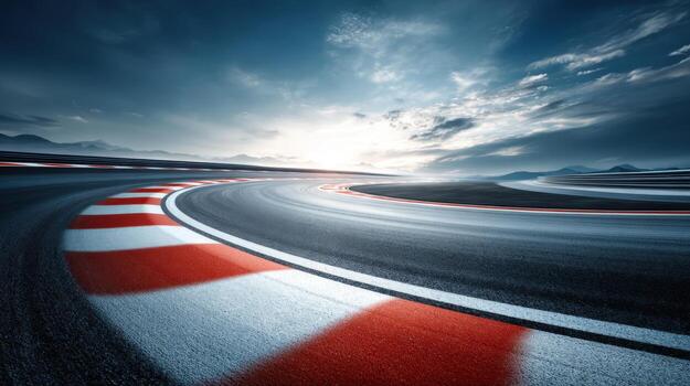 Dynamic Racing Track Curve with Dramatic Sky, Asphalt Road, and Racing Stripe Visuals photo