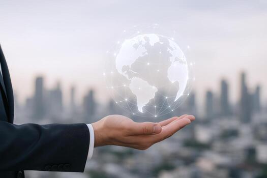 Global Business Connection Businessman Holding Digital Globe Representing International Networking and Communication, Innovation and Technology photo