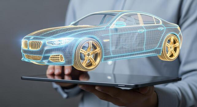 Holographic Car Display on Tablet Futuristic Automotive Technology for Innovation and Design Visualization photo