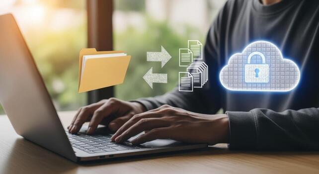 Secure Cloud Data Transfer Man Uploading Files to Encrypted Storage via Laptop for Backup photo