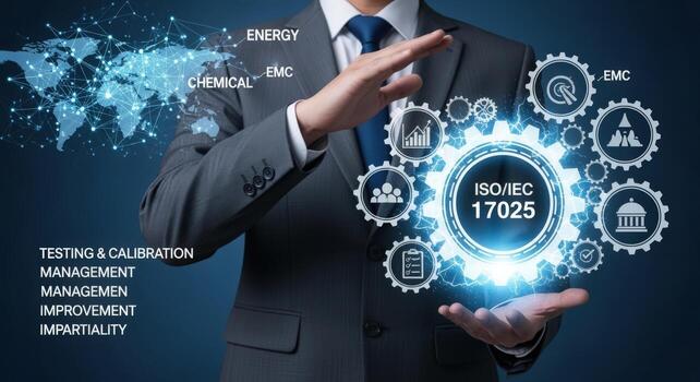 Accreditation Concept Businessman Presenting ISOIEC 17025 Standard for Testing and Calibration Laboratories with Global Network on Background photo