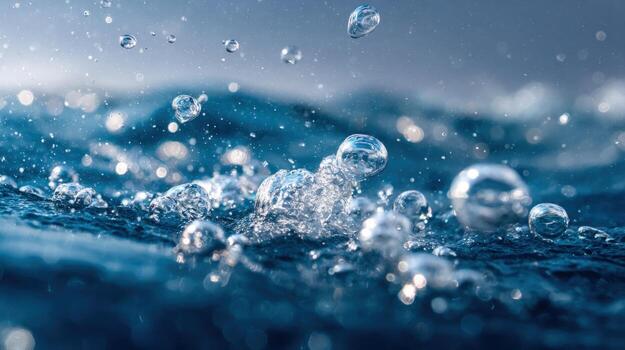 Splashing Water Macro Photography with Droplets in Motion and Bubbles Against Blue Gradient Background photo