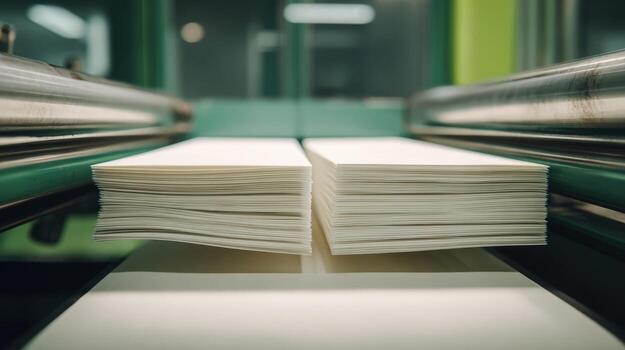 Paper Sheets Production Line Industrial Manufacturing of Paper Stacks in a Factory Environment photo