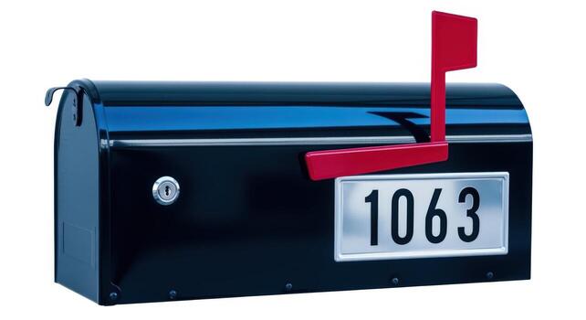 Black Metal Mailbox with Raised Red Flag Isolated on White Background Studio Shot photo