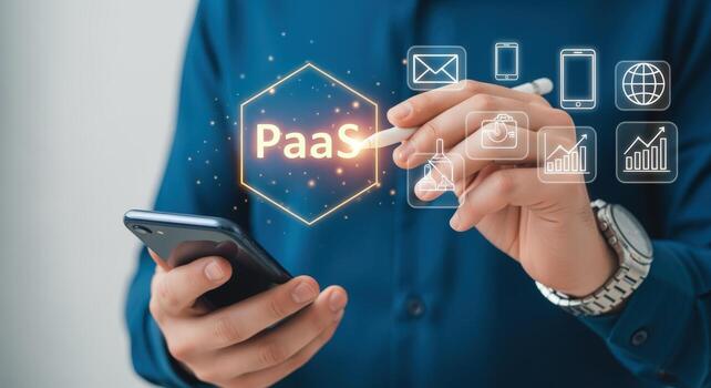 Man Interacting with Platform as a Service PaaS Concept on Smartphone, Pointing at Digital Interface with Stylus photo