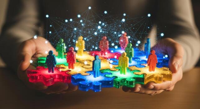 Connected Teamwork Diverse Figures Standing on Interlocking Gears Symbolizing Collaboration, Unity, and Technological Network in Human Hands photo