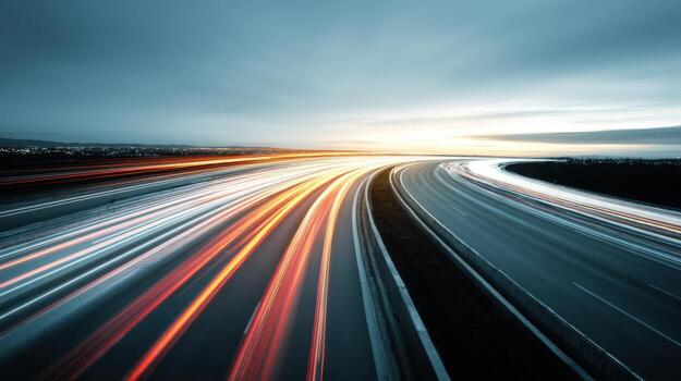 Dynamic Highway at Dusk with Light Streaks Emphasizing Speed and Modern Transportation photo