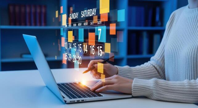 Woman Planning Schedule with Laptop and Digital Calendar for Project Management and Task Coordination photo