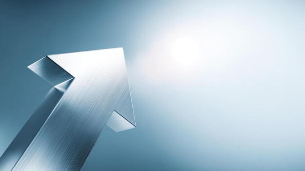 Metallic Arrow Pointing Upward Symbolizing Growth, Success, and Positive Direction on a Gradient Blue Background photo