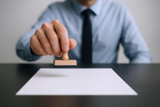 Businessman Holding Stamp Over Paper Ready to Approve a Document in an Office Setting photo
