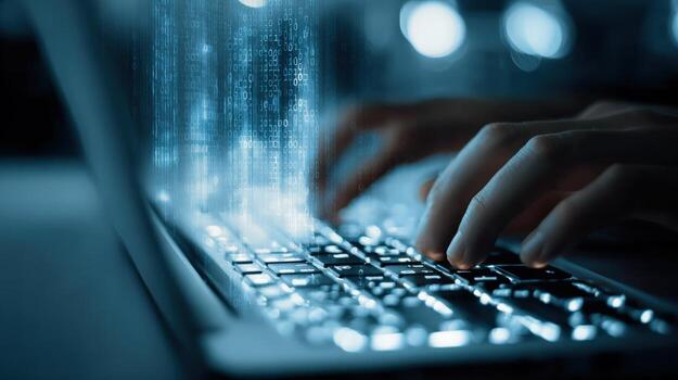 Hands Typing on Laptop with Digital Data Stream, Representing Cybersecurity and Cloud Computing photo