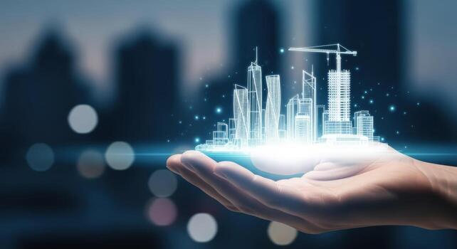 Futuristic Cityscape Architectural Visualization Held in Hand, Representing Innovation and Modern Development, Against Blurred Urban Background photo