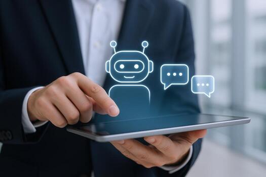 Businessman uses AI Chatbot on Tablet for Customer Service and Automated Communication Solution photo